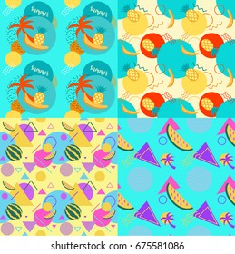 Seamless color trendy patterns set with watermelons and palms, geometric shapes, fashion vector backgrounds