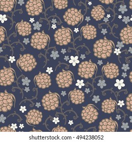 Seamless color vector background with raspberries and small tender flowers