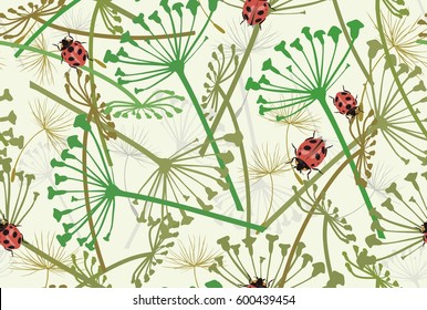 Seamless color vector grass herbarium and ladybugs on a white background.