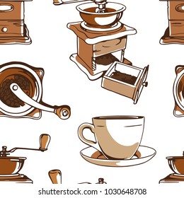 Seamless color vector pattern with coffee grinders and cup.