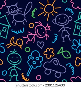 Seamless color vector pattern with cute baby doodles on a dark background.