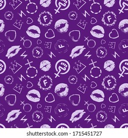 Nahtlose Vektorillustration Muster des Feminismus. Moderne Wallpaper mit Graffiti-Elementen für die Textilindustrie, Drucke, Karten und Verpackungspapier. 
