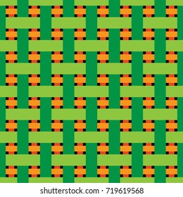 Seamless color vector pattern with interlaced ribbons in green, orange, red and black colors 