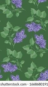 Seamless color vector pattern with lilac flowers and leaves. Hand drawn nature painting. For wrapping, fabric, wallpaper. 