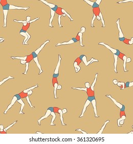 Seamless color vector pattern with man schematic figures in different poses doing gymnastic and acrobatic exercises isolated on light background illustration