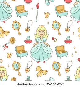 Seamless color vector pattern with princess and jewelry.