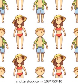 Seamless color vector pattern with summer cartoon characters.