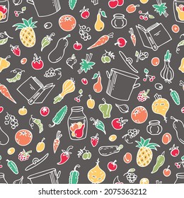 Seamless color vector pattern with vegetables and fruits, saucepan, jar and berries. Hand drawn culinary print, food isolated on dark background. Sketch of cooking and preserving food. Recipe book.	