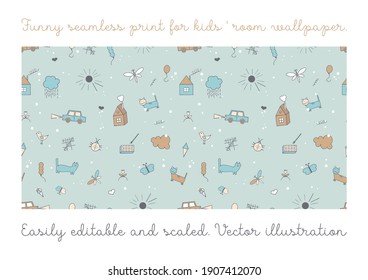 Seamless color vectorial pattern with children s doodle drawings on a white background.