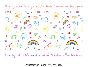 Seamless color vectorial pattern with children s doodle drawings on a white background.