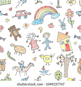 Seamless color vectorial pattern with children's doodle drawings on a white background. 
