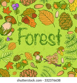 Seamless color wild elements of nature, mushrooms, buds, plants, acorns, leaves. Vector drawing autumnal theme.