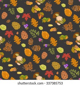 Seamless color wild elements of nature, mushrooms, buds, plants, acorns, leaves. Vector drawing autumnal theme.