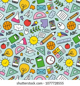 Seamless colored back to school pattern with supplies stationary and creative elements. Colorful fun cute vector line background.
