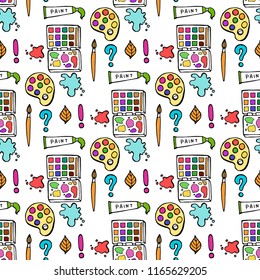 Seamless colored back to school pattern with supplies stationary and creative elements. Colorful fun cute vector line background.