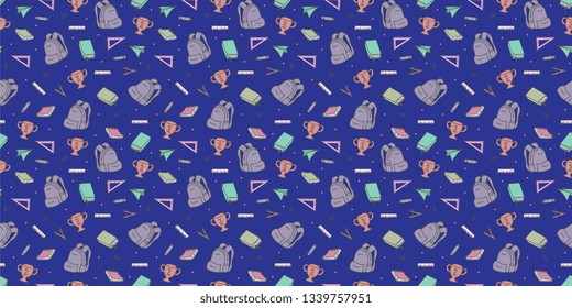 Seamless colored back to school pattern with supplies stationary and creative elements doodle drawing. Colorful cute vector illustration line background.