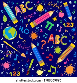 Seamless colored back to school pattern with supplies stationary and creative elements. Colorful fun cute background. Seamless pattern for wallpaper, pattern fills, web page background, surface textur