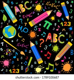 Seamless colored back to school pattern with supplies stationary and creative elements. Colorful fun cute background. Seamless pattern for wallpaper, pattern fills, web page background, surface textur