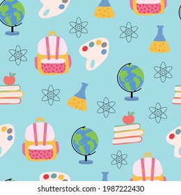 Seamless colored back to school pattern with supplies elements.  Education theme background in modern flat style.