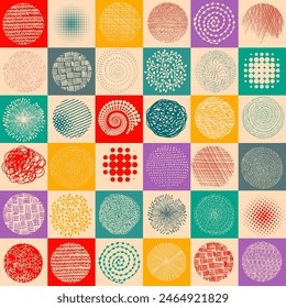 Seamless colored background with different graphic elements. Vector