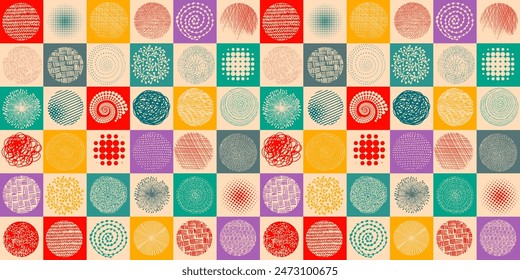 Seamless colored background with different graphic elements. hand drawing. Not AI, Vector illustration.