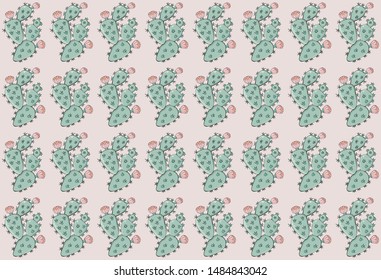 Seamless colored background in hand drawn cactus with flowers and spikes. Isolated vector object. Exotic Prickly Pear. Cacti ornament. Handmade cute baby style. For wrapping paper, textiles, fabric