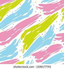 Seamless colored background. Wide pink, blue, green brush strokes. Acrylic paint, liquid. Spilled bright paint. Colored brush strokes on a white background. Template for art studio, creative team.