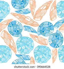 Seamless colored background with zentangle seashells