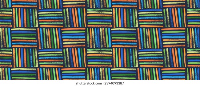 Seamless colored banner design with canvas or fabric grunge texture. Vector hand drawn seamless pattern with basket or linen texture. Abstract horizontal and vertical brush strokes, weave motif.
