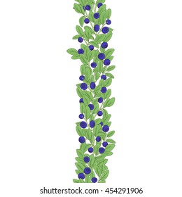 Seamless colored border of twigs of blueberry with berries and leaves on a white background. Berries are painted by hand and dark lines are painted bright colors. Vector illustration