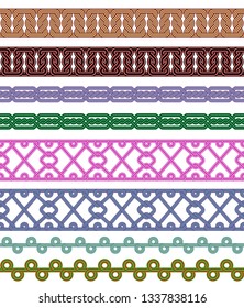 Seamless colored borders. Interlaced lines. Based on Georgian, Armenian, Arabic styles. Pattern brushes included in EPS file.