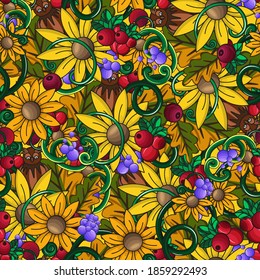 patrón claro sin costuras con girasoles, bayas rojas, uvas, hojas, rizos y un búho