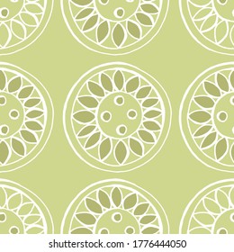 Seamless colored buttons with the image of a sunflower. On a sandy background, white contours of buttons. Idea for fabric, packaging, wallpaper.
