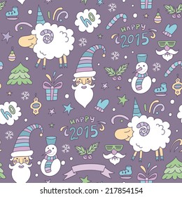 Seamless colored christmas pattern with funny sheep and Happy new year 2015. Vector illustration