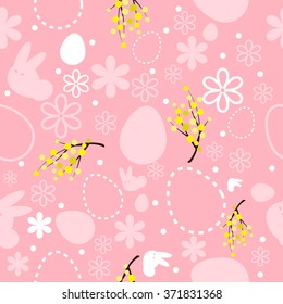 seamless colored easter background with eggs, bunny, mimosa and flowers