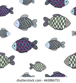 Seamless colored fish on the white background. Underwater life.