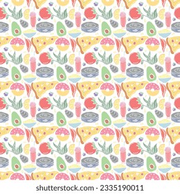 Seamless colored food pattern. Doodle food background