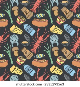 Seamless colored food pattern. Doodle food background