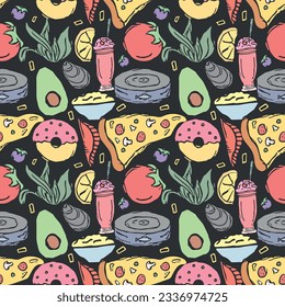 Seamless colored food pattern. Doodle food background