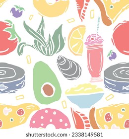 Nahtlose gefärbte Nahrungsmuster. Doodfood-Hintergrund
