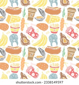 Seamless colored food pattern. Doodle food background