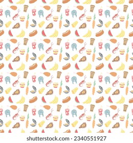 Seamless colored food pattern. Doodle food background