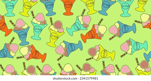 Patrón de icecream de color sin foco - estilo doodle - vector. Fresa, vainilla y helado de chocolate en coloridos cuencos. 