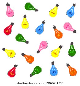 seamless colored light bulbs on white background.