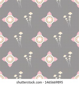 SEAMLESS COLORED ORNATE PATTERN WITH LOTUS FLORAL, GRIDS AND MANDALA ELEMENTS. VECTOR TEMPLATE FOR FABRIC, WALLPAPER, TILE, WRAPPING, COVERS AND CARPETS.