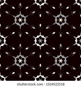 SEAMLESS COLORED ORNATE PATTERN WITH LOTUS FLORAL ELEMENTS, MANDALA ON DARK BACKGROUND. VECTOR TEMPLATE FOR FABRIC, WALLPAPER, TILE, WRAPPING, COVERS AND CARPETS.