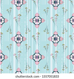 SEAMLESS COLORED ORNATE PATTERN WITH LOTUS FLORAL ELEMENTS, MANDALA ON STRIPED BACKGROUND. VECTOR TEMPLATE FOR FABRIC, WALLPAPER, TILE, WRAPPING, COVERS AND CARPETS.