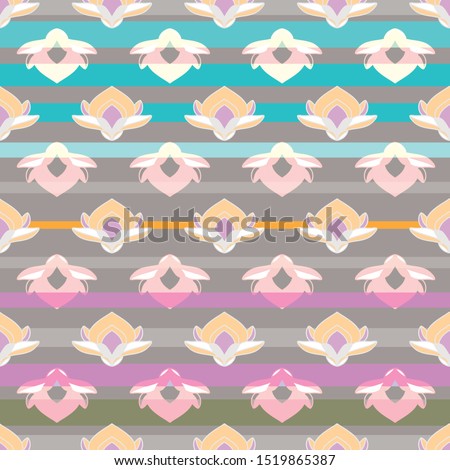 SEAMLESS COLORED ORNATE PATTERN WITH LOTUS FLORAL ELEMENTS, MANDALA ON STRIPEY BACKGROUND. VECTOR TEMPLATE FOR FABRIC, WALLPAPER, TILE, WRAPPING, COVERS AND CARPETS.