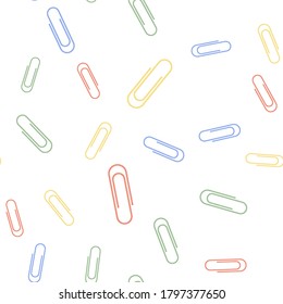 Seamless colored paper clip icon pattern isolated on white background. Vector.