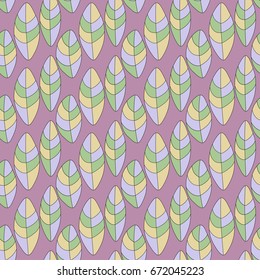 Seamless colored pattern from abstract leaves on a lilac background. Black contour lines. Vector eps 10.